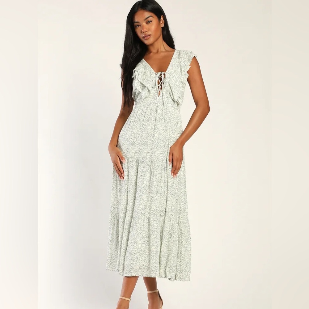 Lulus Romance In Bloom Floral Print Ruffle Tiered Midi Dress - Cream Medium